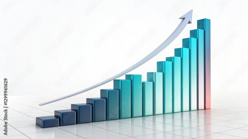 Poster a 3d bar graph with ascending bars and a rising arrow, symbolizing growth and positive trends in dat