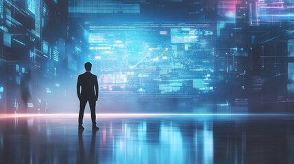 Businessman Contemplating Complex Data Visualization in a Futuristic Room