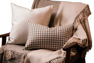 Collection of cozy pillows and blanket isolated on transparent background PNG