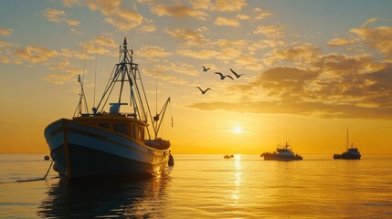 Obraz premium Tranquil Sunrise Over Vessels in Calm Waters