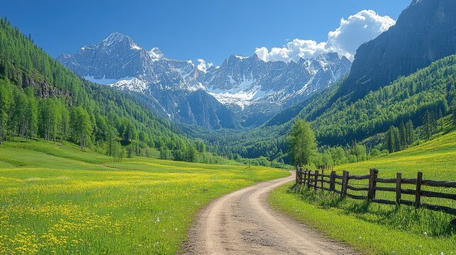 Scenic mountain landscape with a winding dirt road through vibrant green meadows and distant peaks
