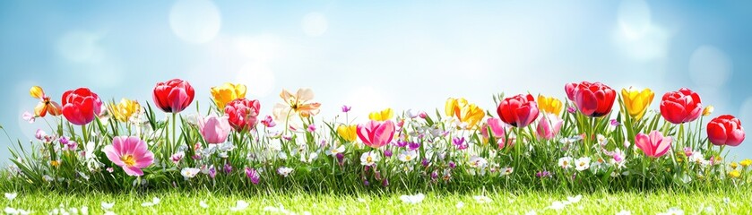 Spring tulips and wildflowers, sunny meadow, bokeh background