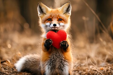Fototapeta premium Fox - my beloved animal. Cute fox baby with domestic animal toy red heart on in a natural habitat. Ad campaign animal visual idea. Adorable valentineâ€™s animals. Furry valentine's day.