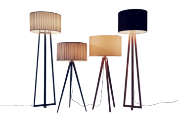 Collection of five stylish floor lamps with varying designs and shades isolated on transparent background PNG 