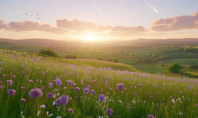 Obraz premium Serene sunset over idyllic rolling hills and vibrant purple wildflowers. Magical, dreamy landscape perfect for peaceful backgrounds.