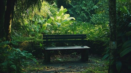 A serene park bench amidst lush greenery, embodying tranquility and nature's calm embrace.