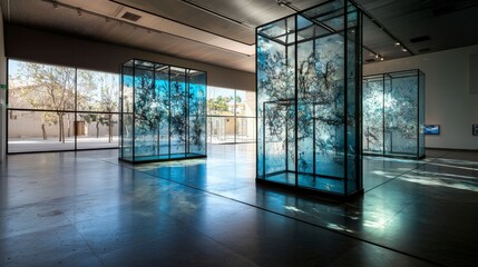 Sculptural installation of glass and metal art gallery contemporary art urban setting indoor view creative concept