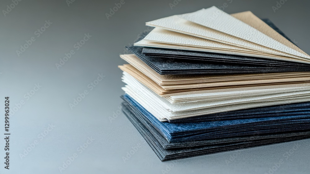 Poster Textured paper samples stacked in neutral tones studio setting photography minimalist design top view perspective