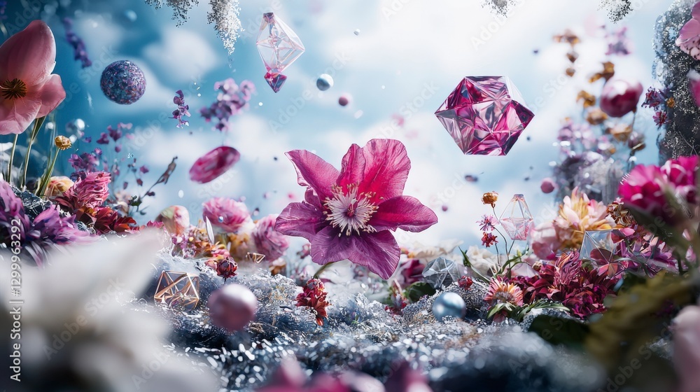 Poster surreal dreamscape vibrant flowers and floating gems in a whimsical oversized digital art environmen