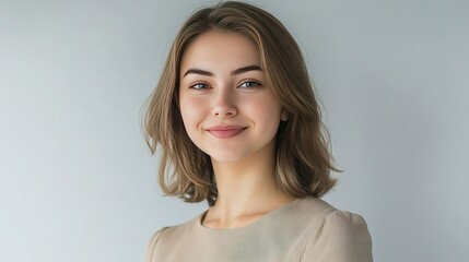 Naklejka premium Confident businesswoman with a warm smile, embodying professionalism and success.