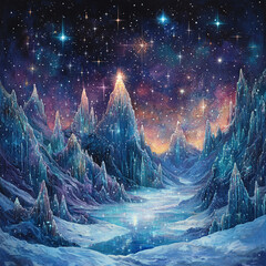 A celestial landscape with shimmering skies, glowing stars, and crystal mountains