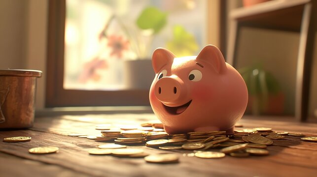 Piggy bank surrounded by scattered coins symbolizes saving and financial growth.