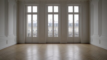 Bright and Empty Room with Classic Architecture and Large Windows