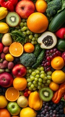 Full frame top view of assorted fresh fruits and vegetables, colorful variety filling the entire frame
