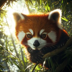 Fototapeta premium A close-up of a red panda in a lush green environment, exuding charm and curiosity with soft, vivid fur and expressive eyes.