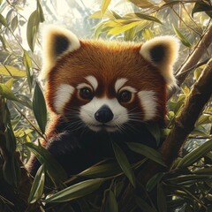 Naklejka premium A cute red panda peeking through lush green bamboo leaves in its natural habitat, exuding charm and playful curiosity.