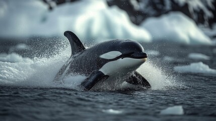 A majestic orca breaches the icy waters, showcasing its powerful physique against a serene polar backdrop.