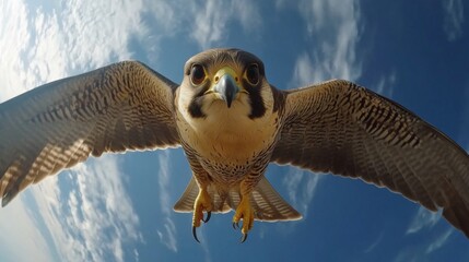 A stunning close-up of a peregrine falcon in flight, showcasing its powerful wings and intense gaze against a beautiful sky.