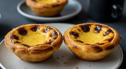 Golden-Brown Pastel de Nata Pair on Grey Plate, Close-Up