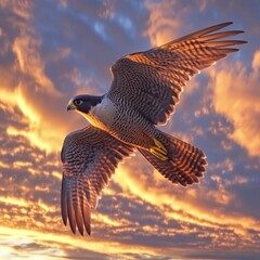 A stunning falcon soaring through the colorful sky at sunset, showcasing its majestic wings and grace in flight.
