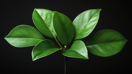 Lush green leaves sprout, dark background, nature growth