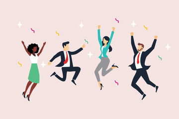 Business Team Success. Vector illustration in flat style of a diverse group of people jumping for joy. Isolated on background with festive tinsel