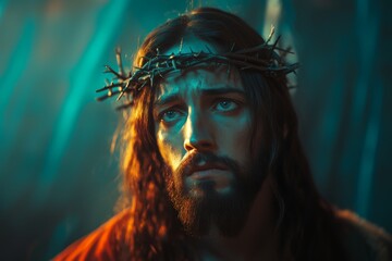 Jesus Christ wearing a crown of thorns.	