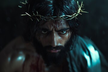 Jesus Christ wearing a crown of thorns.	