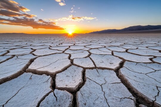 A cracked, parched earth surface stretching endlessly under a burning sun