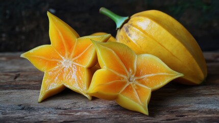 Star fruit slices and whole fruit on rustic wood.  Food photography for recipe blogs
