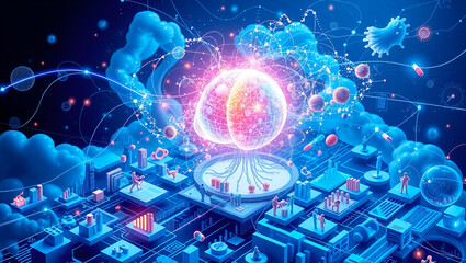 Intelligent pharma analytics powered AI visualized in a detailed vector showing how artificial intelligence analyzes clinical data and market trends to guide drug development 