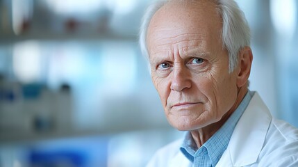 Senior researcher in lab coat, focused and thoughtful, embodying dedication to scientific discovery.