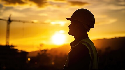 Fototapeta premium Engineer in hard hat stands against sunset, embodying resilience and progress in construction.