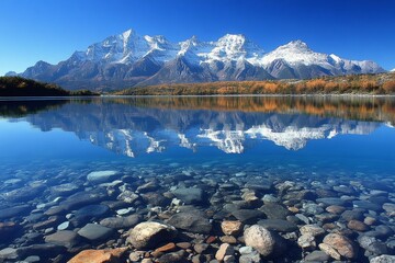 Crystal-clear lake reflecting snowy Grand Teton mountains in autumn