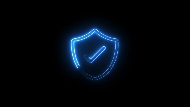 Glowing Neon Glitch security shield with check mark icon animation. neon check mark icon on black background.	