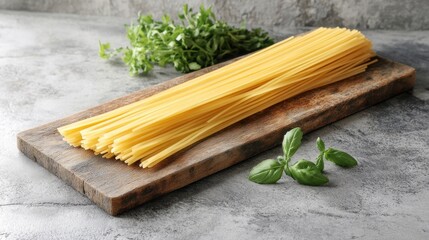 Uncooked spaghetti on wooden cutting board with fresh herbs.