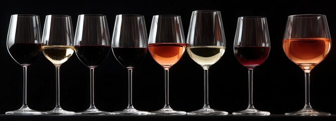 Diverse collection of wine glasses showcasing various wines in soft lighting
