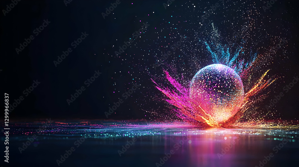 Poster abstract digital sphere bursting with colorful particles and energy on dark background