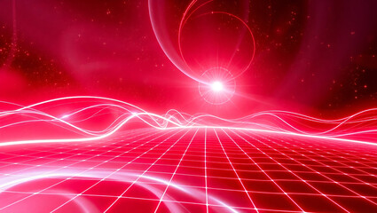 Fototapeta premium A red abstract background with a 3D retro-futuristic design, complete with neon laser swirl grid lines and stars, reminiscent of Retroway synthwave video games and sci-fi aesthetics, ideal for a rave
