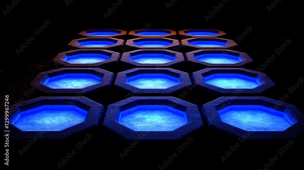 Poster illuminated octagonal grid pattern blue light