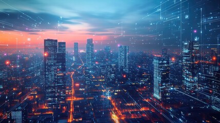 Fototapeta premium Futuristic cityscape with glowing structures and digital pathways, showcasing advanced urban innovation.