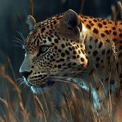 A close-up of a majestic leopard in tall grass, showcasing its striking spots and fierce gaze, embodying wild beauty and strength.