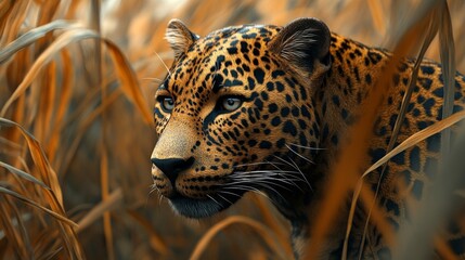 A close-up of a leopard in tall grass, showcasing its striking spots and intense gaze in a warm, natural setting.