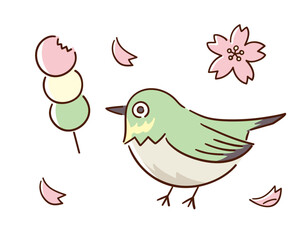 メジロと三色団子と桜の花びら／春の風物詩／手書きのベクター線画イラスト