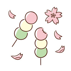 三色団子と桜の花びら／春の風物詩／手書きのベクター線画イラスト
