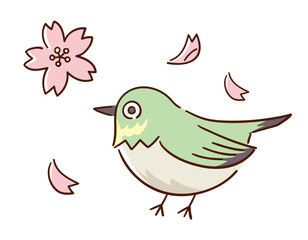 メジロと桜の花びら／春の風物詩／手書きのベクター線画イラスト