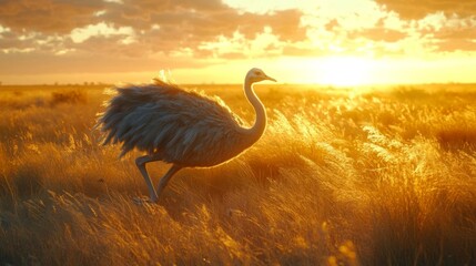 A majestic crane gracefully walks through golden grass under a stunning sunset, showcasing nature's beauty and tranquility.