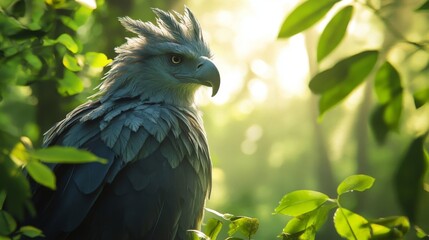 A majestic eagle perched amidst lush green foliage, capturing the essence of nature's beauty in soft sunlight.