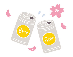 缶ビールで乾杯／桜・お花見・春の風物詩／手書きのベクターイラスト