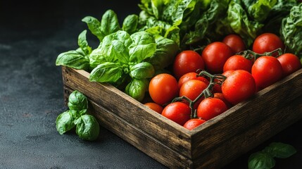 Tomatoes in wooden crate for site and blog. Fresh tomatoes in crate for farm website, garden blog, or food article. Outdoor setting with greenery,  a food article, or any site and blog that deals 
